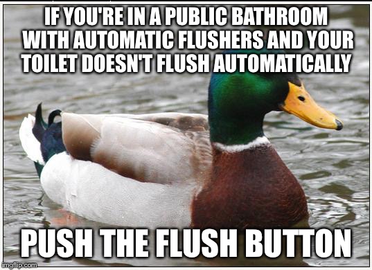 Actual Advice Mallard Meme | IF YOU'RE IN A PUBLIC BATHROOM WITH AUTOMATIC FLUSHERS AND YOUR TOILET DOESN'T FLUSH AUTOMATICALLY; PUSH THE FLUSH BUTTON | image tagged in memes,actual advice mallard,AdviceAnimals | made w/ Imgflip meme maker