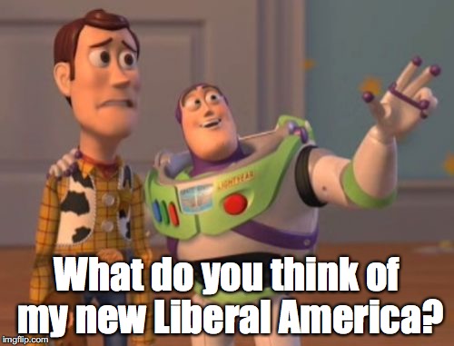 X, X Everywhere | What do you think of my new Liberal America? | image tagged in x x everywhere,toy story,liberals | made w/ Imgflip meme maker