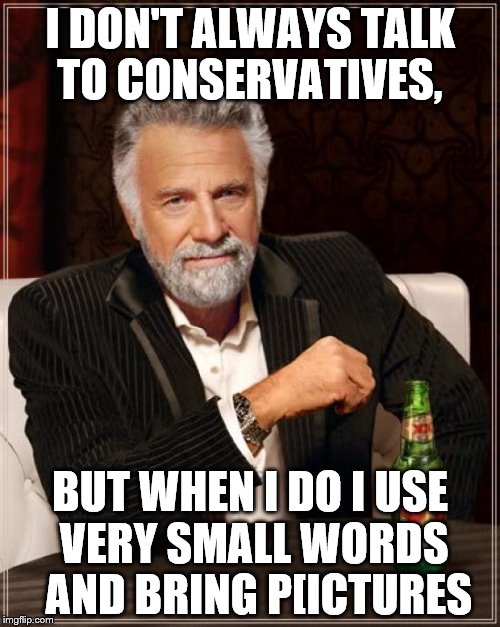 The Most Interesting Man In The World Meme | I DON'T ALWAYS TALK TO CONSERVATIVES, BUT WHEN I DO I USE VERY SMALL WORDS  AND BRING P[ICTURES | image tagged in memes,the most interesting man in the world | made w/ Imgflip meme maker