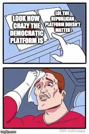 Two Buttons Meme | LOL THE REPUBLICAN PLATFORM DOESN'T MATTER; LOOK HOW CRAZY THE DEMOCRATIC PLATFORM IS | image tagged in two buttons,EnoughTrumpSpam | made w/ Imgflip meme maker