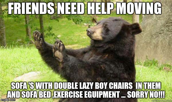 How about no bear | FRIENDS NEED HELP MOVING; SOFA 'S WITH DOUBLE LAZY BOY CHAIRS  IN THEM AND SOFA BED ,EXERCISE EGUIPMENT ... SORRY NO!!! | image tagged in how about no bear | made w/ Imgflip meme maker