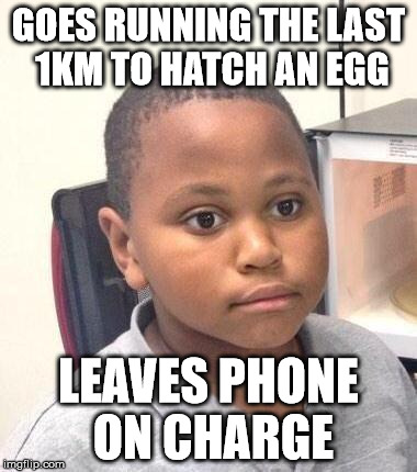 Minor Mistake Marvin Meme | GOES RUNNING THE LAST 1KM TO HATCH AN EGG; LEAVES PHONE ON CHARGE | image tagged in memes,minor mistake marvin | made w/ Imgflip meme maker