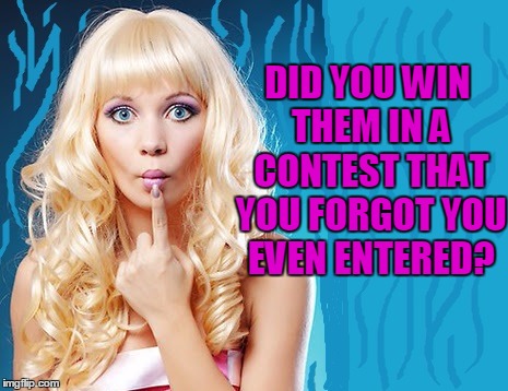 ditzy blonde | DID YOU WIN THEM IN A CONTEST THAT YOU FORGOT YOU EVEN ENTERED? | image tagged in ditzy blonde | made w/ Imgflip meme maker