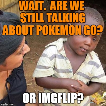 Third World Skeptical Kid Meme | WAIT.  ARE WE STILL TALKING ABOUT POKEMON GO? OR IMGFLIP? | image tagged in memes,third world skeptical kid | made w/ Imgflip meme maker