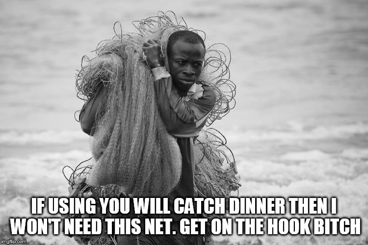 IF USING YOU WILL CATCH DINNER THEN I WON'T NEED THIS NET. GET ON THE HOOK B**CH | made w/ Imgflip meme maker