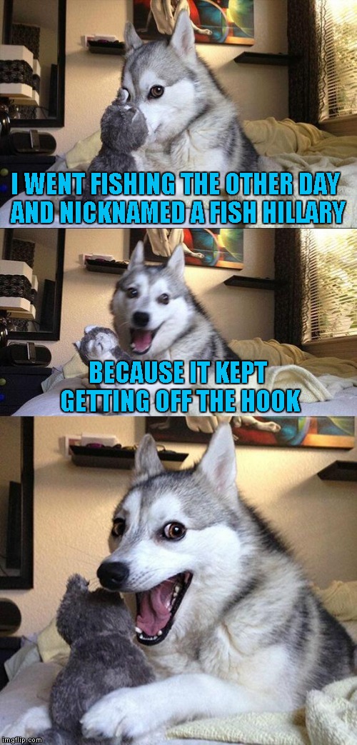 True story... | I WENT FISHING THE OTHER DAY AND NICKNAMED A FISH HILLARY; BECAUSE IT KEPT GETTING OFF THE HOOK | image tagged in memes,bad pun dog | made w/ Imgflip meme maker