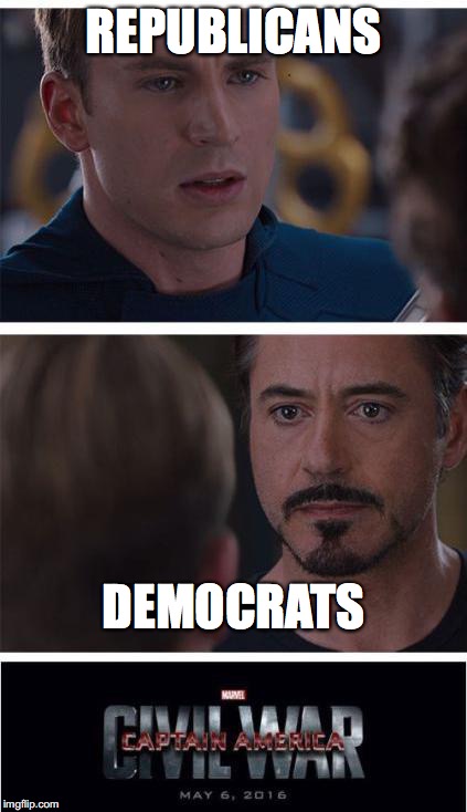 I'm actually a libertarian. DON'T CYBERBULLY ME!!!!!! | REPUBLICANS; DEMOCRATS | image tagged in memes,marvel civil war 1 | made w/ Imgflip meme maker