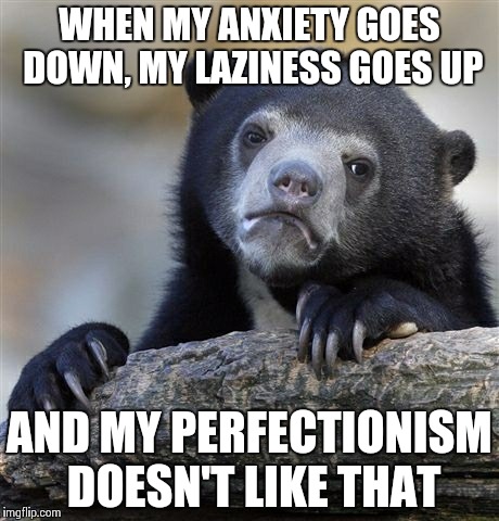 Confession Bear Meme | WHEN MY ANXIETY GOES DOWN, MY LAZINESS GOES UP; AND MY PERFECTIONISM DOESN'T LIKE THAT | image tagged in memes,confession bear | made w/ Imgflip meme maker