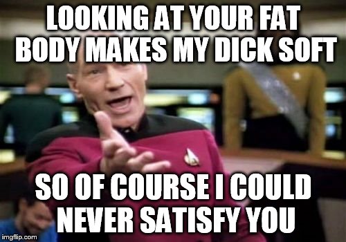 Picard Wtf Meme | LOOKING AT YOUR FAT BODY MAKES MY DICK SOFT SO OF COURSE I COULD NEVER SATISFY YOU | image tagged in memes,picard wtf | made w/ Imgflip meme maker