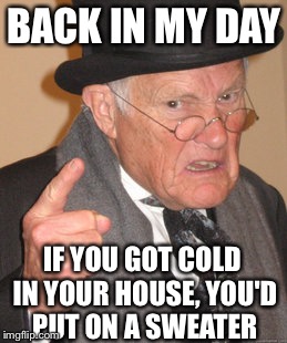 Back In My Day Meme | BACK IN MY DAY; IF YOU GOT COLD IN YOUR HOUSE, YOU'D PUT ON A SWEATER | image tagged in memes,back in my day | made w/ Imgflip meme maker