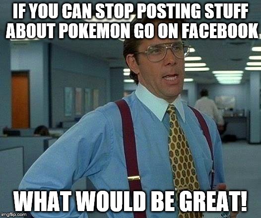 That Would Be Great | IF YOU CAN STOP POSTING STUFF ABOUT POKEMON GO ON FACEBOOK; WHAT WOULD BE GREAT! | image tagged in memes,that would be great | made w/ Imgflip meme maker