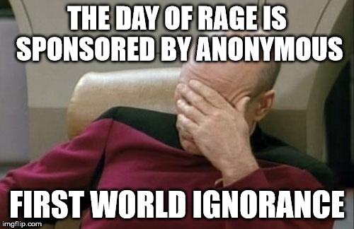 Captain Picard Facepalm Meme | THE DAY OF RAGE IS SPONSORED BY ANONYMOUS FIRST WORLD IGNORANCE | image tagged in memes,captain picard facepalm | made w/ Imgflip meme maker