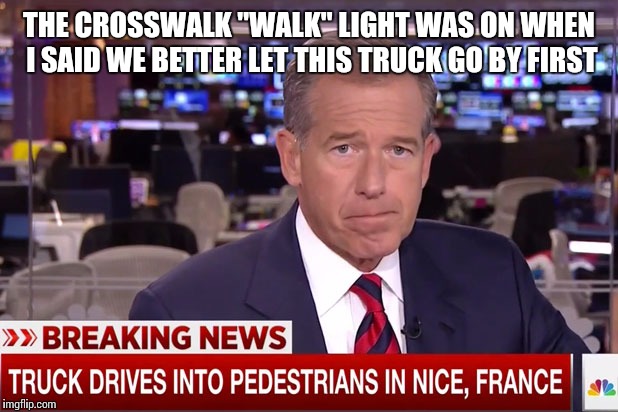 THE CROSSWALK "WALK" LIGHT WAS ON WHEN I SAID WE BETTER LET THIS TRUCK GO BY FIRST | image tagged in brian williams france | made w/ Imgflip meme maker