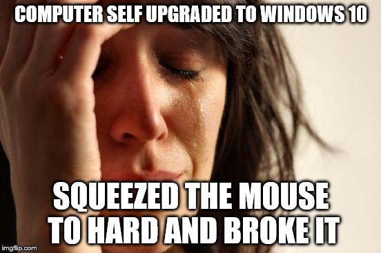 First World Problems | COMPUTER SELF UPGRADED TO WINDOWS 10; SQUEEZED THE MOUSE TO HARD AND BROKE IT | image tagged in memes,first world problems | made w/ Imgflip meme maker