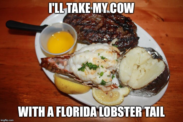 I'll take my cow | I'LL TAKE MY COW WITH A FLORIDA LOBSTER TAIL | image tagged in i'll take my cow | made w/ Imgflip meme maker