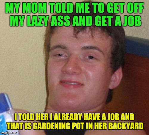 10 Guy Meme | MY MOM TOLD ME TO GET OFF MY LAZY ASS AND GET A JOB; I TOLD HER I ALREADY HAVE A JOB AND THAT IS GARDENING POT IN HER BACKYARD | image tagged in memes,10 guy | made w/ Imgflip meme maker