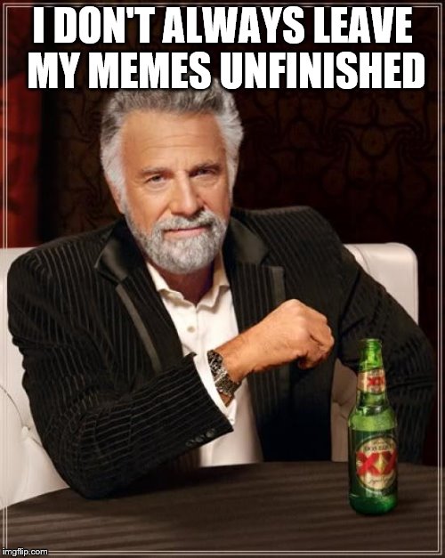 The Most Interesting Man In The World Meme | I DON'T ALWAYS LEAVE MY MEMES UNFINISHED | image tagged in memes,the most interesting man in the world | made w/ Imgflip meme maker