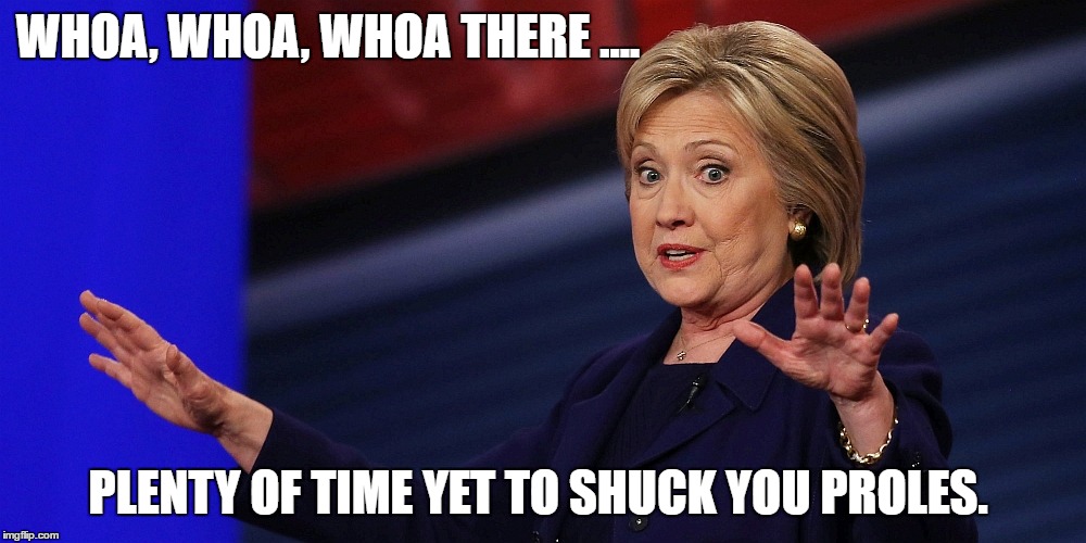 I've got this | WHOA, WHOA, WHOA THERE .... PLENTY OF TIME YET TO SHUCK YOU PROLES. | image tagged in hillary | made w/ Imgflip meme maker
