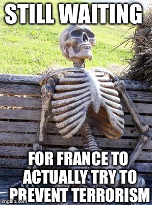 Seriously, what have they done about this? | STILL WAITING; FOR FRANCE TO ACTUALLY TRY TO PREVENT TERRORISM | image tagged in memes,waiting skeleton | made w/ Imgflip meme maker