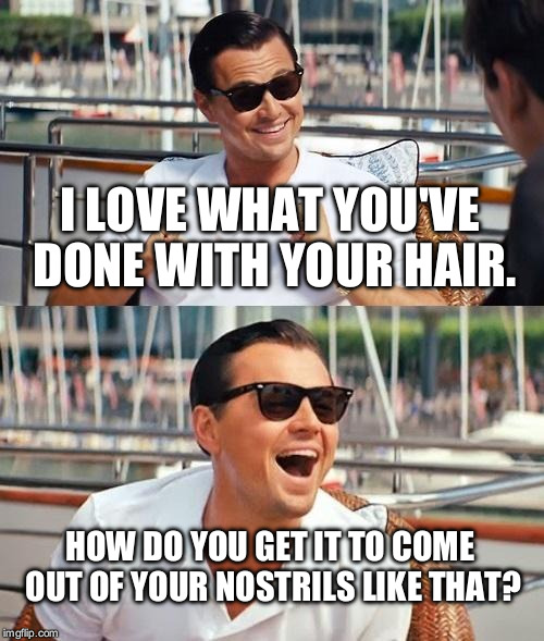 Hair | I LOVE WHAT YOU'VE DONE WITH YOUR HAIR. HOW DO YOU GET IT TO COME OUT OF YOUR NOSTRILS LIKE THAT? | image tagged in memes,leonardo dicaprio wolf of wall street | made w/ Imgflip meme maker