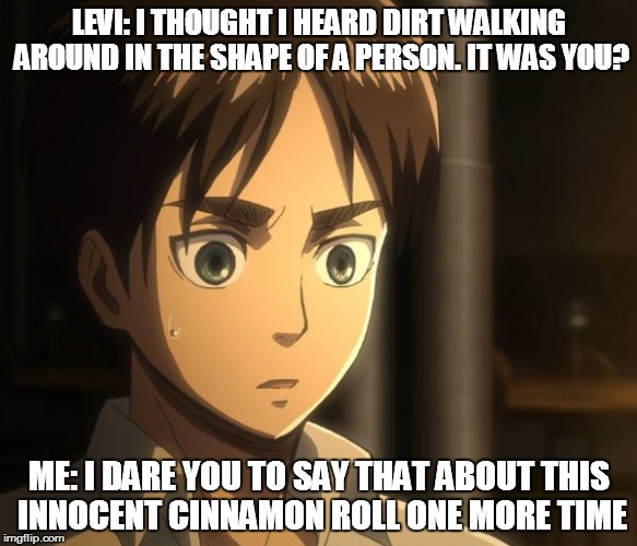 i darE YoUern is so kawaii omG | LEVI: I THOUGHT I HEARD DIRT WALKING AROUND IN THE SHAPE OF A PERSON. IT WAS YOU? ME: I DARE YOU TO SAY THAT ABOUT THIS INNOCENT CINNAMON ROLL ONE MORE TIME | image tagged in the dishes are done man,say that again i dare you,eren jaeger | made w/ Imgflip meme maker