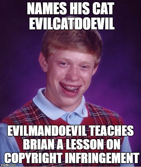 Bad Luck Brian Meme | NAMES HIS CAT EVILCATDOEVIL EVILMANDOEVIL TEACHES BRIAN A LESSON ON COPYRIGHT INFRINGEMENT | image tagged in memes,bad luck brian | made w/ Imgflip meme maker