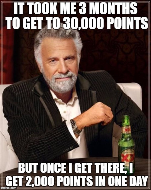 The Most Interesting Man In The World | IT TOOK ME 3 MONTHS TO GET TO 30,000 POINTS; BUT ONCE I GET THERE, I GET 2,000 POINTS IN ONE DAY | image tagged in memes,the most interesting man in the world | made w/ Imgflip meme maker