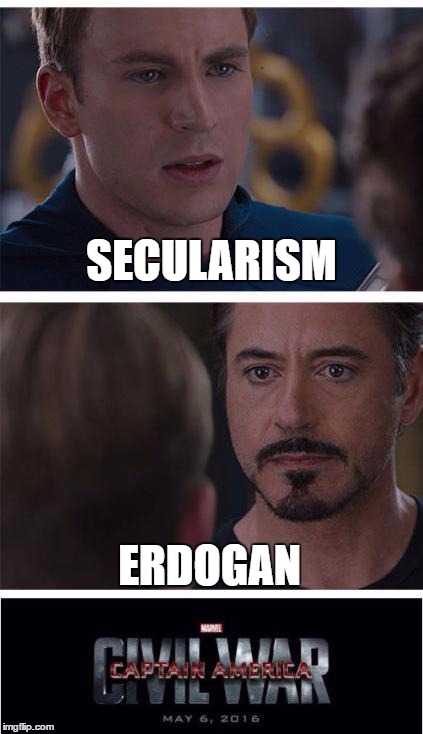 Turkish Coup | SECULARISM; ERDOGAN | image tagged in memes,marvel civil war 1,turkey | made w/ Imgflip meme maker