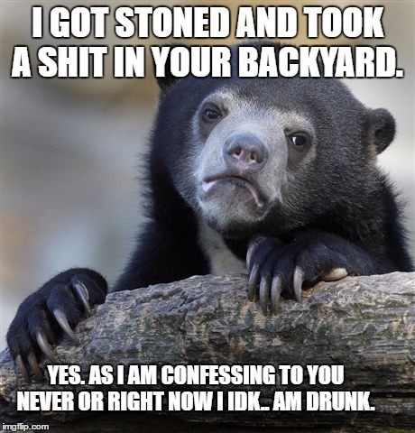 Confession Bear Meme | I GOT STONED AND TOOK A SHIT IN YOUR BACKYARD. YES. AS I AM CONFESSING TO YOU NEVER OR RIGHT NOW I IDK.. AM DRUNK. | image tagged in memes,confession bear | made w/ Imgflip meme maker