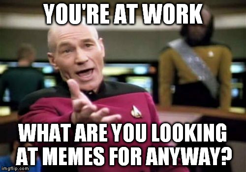 Picard Wtf Meme | YOU'RE AT WORK WHAT ARE YOU LOOKING AT MEMES FOR ANYWAY? | image tagged in memes,picard wtf | made w/ Imgflip meme maker