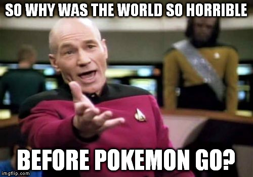 Picard Wtf Meme | SO WHY WAS THE WORLD SO HORRIBLE BEFORE POKEMON GO? | image tagged in memes,picard wtf | made w/ Imgflip meme maker