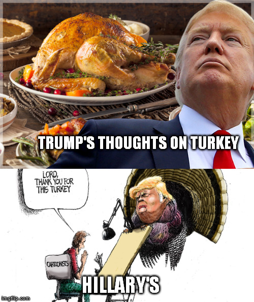 Trump and Hillary on Turkey | TRUMP'S THOUGHTS ON TURKEY; HILLARY'S | image tagged in memes,trump 2016,donald trump,hillary clinton 2016,turkey | made w/ Imgflip meme maker