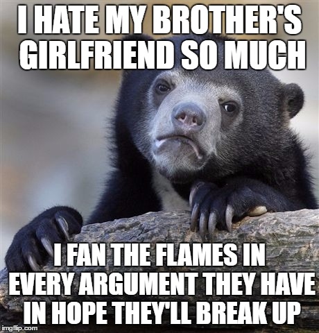 She doesn't help, doesn't pay rent, is annoying as f*ck, bitchy, demanding...god i hate her.. | I HATE MY BROTHER'S GIRLFRIEND SO MUCH; I FAN THE FLAMES IN EVERY ARGUMENT THEY HAVE IN HOPE THEY'LL BREAK UP | image tagged in memes,confession bear | made w/ Imgflip meme maker