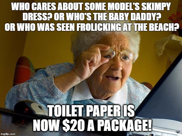 Grandma Finds The Internet | WHO CARES ABOUT SOME MODEL'S SKIMPY DRESS? OR WHO'S THE BABY DADDY? OR WHO WAS SEEN FROLICKING AT THE BEACH? TOILET PAPER IS NOW $20 A PACKAGE! | image tagged in memes,grandma finds the internet | made w/ Imgflip meme maker