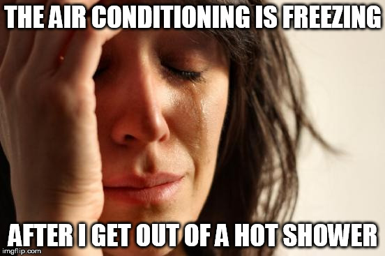 First World Problems | THE AIR CONDITIONING IS FREEZING; AFTER I GET OUT OF A HOT SHOWER | image tagged in memes,first world problems,AdviceAnimals | made w/ Imgflip meme maker