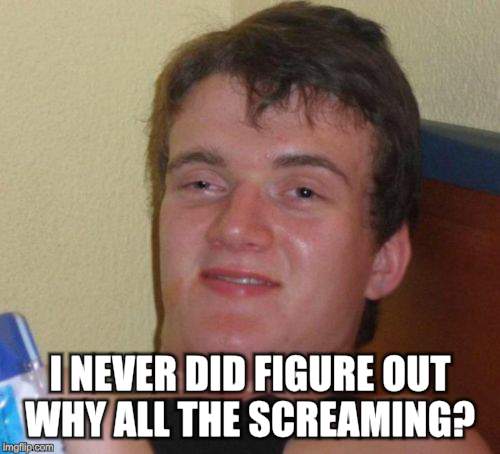 10 Guy Meme | I NEVER DID FIGURE OUT WHY ALL THE SCREAMING? | image tagged in memes,10 guy | made w/ Imgflip meme maker