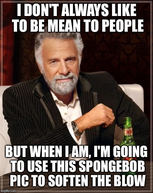 The Most Interesting Man In The World Meme | I DON'T ALWAYS LIKE TO BE MEAN TO PEOPLE BUT WHEN I AM, I'M GOING TO USE THIS SPONGEBOB PIC TO SOFTEN THE BLOW | image tagged in memes,the most interesting man in the world | made w/ Imgflip meme maker