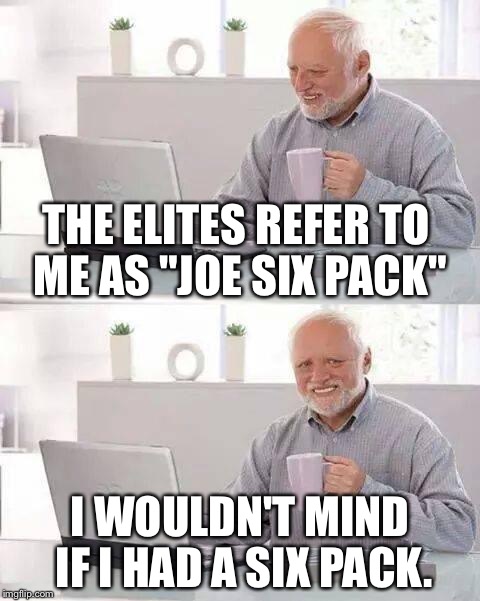 Hide the Pain Harold Meme | THE ELITES REFER TO ME AS "JOE SIX PACK"; I WOULDN'T MIND IF I HAD A SIX PACK. | image tagged in memes,hide the pain harold | made w/ Imgflip meme maker