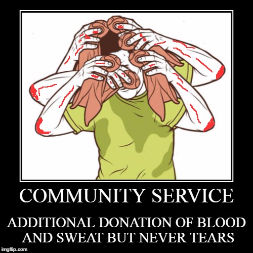 Community Service | image tagged in funny,demotivationals,blood sweat tears,donation,free | made w/ Imgflip demotivational maker