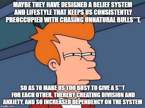 Futurama Fry Meme | MAYBE THEY HAVE DESIGNED A BELIEF SYSTEM AND LIFESTYLE THAT KEEPS US CONSISTENTLY PREOCCUPIED WITH CHASING UNNATURAL BULLS**T, SO AS TO MAKE US TOO BUSY TO GIVE A S**T FOR EACH OTHER, THEREBY CREATING DIVISION AND ANXIETY, AND SO INCREASED DEPENDENCY ON THE SYSTEM | image tagged in memes,futurama fry | made w/ Imgflip meme maker