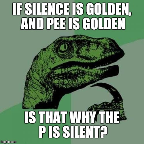Philosoraptor | IF SILENCE IS GOLDEN, AND PEE IS GOLDEN; IS THAT WHY THE P IS SILENT? | image tagged in memes,philosoraptor,silence,golden,p | made w/ Imgflip meme maker