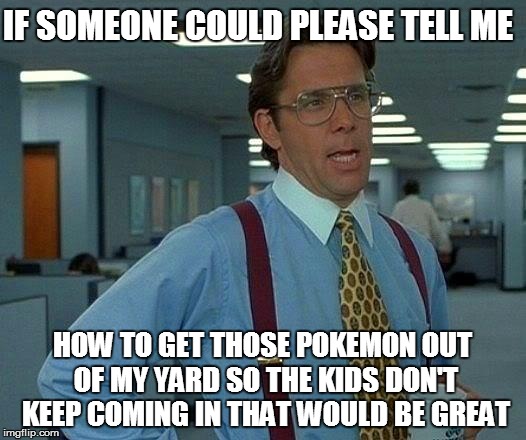 That Would Be Great Meme | IF SOMEONE COULD PLEASE TELL ME; HOW TO GET THOSE POKEMON OUT OF MY YARD SO THE KIDS DON'T KEEP COMING IN THAT WOULD BE GREAT | image tagged in memes,that would be great | made w/ Imgflip meme maker