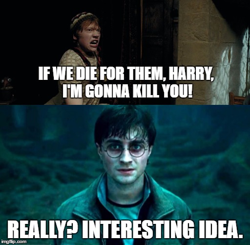 Ron contradicts himself... | IF WE DIE FOR THEM, HARRY, I'M GONNA KILL YOU! REALLY? INTERESTING IDEA. | image tagged in harry potter,harry potter meme,ron weasley,angry,contradiction | made w/ Imgflip meme maker