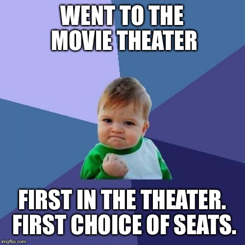 Success Kid Meme | WENT TO THE MOVIE THEATER; FIRST IN THE THEATER. FIRST CHOICE OF SEATS. | image tagged in memes,success kid | made w/ Imgflip meme maker