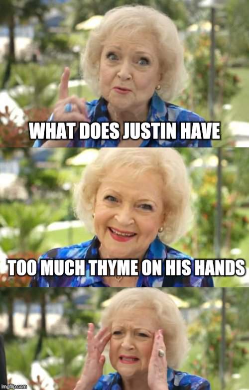  To Quote Betty White | WHAT DOES JUSTIN HAVE TOO MUCH THYME ON HIS HANDS | image tagged in to quote betty white | made w/ Imgflip meme maker
