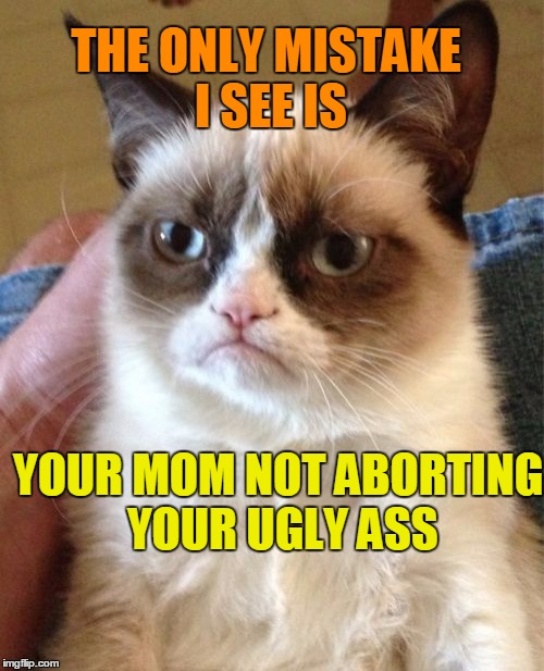 Grumpy Cat Meme | THE ONLY MISTAKE I SEE IS YOUR MOM NOT ABORTING YOUR UGLY ASS | image tagged in memes,grumpy cat | made w/ Imgflip meme maker