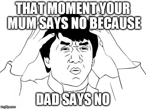 Jackie Chan WTF Meme | THAT MOMENT YOUR MUM SAYS NO BECAUSE; DAD SAYS NO | image tagged in memes,jackie chan wtf | made w/ Imgflip meme maker