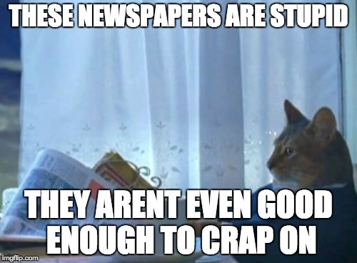 I Should Buy A Boat Cat | THESE NEWSPAPERS ARE STUPID; THEY ARENT EVEN GOOD ENOUGH TO CRAP ON | image tagged in memes,i should buy a boat cat | made w/ Imgflip meme maker