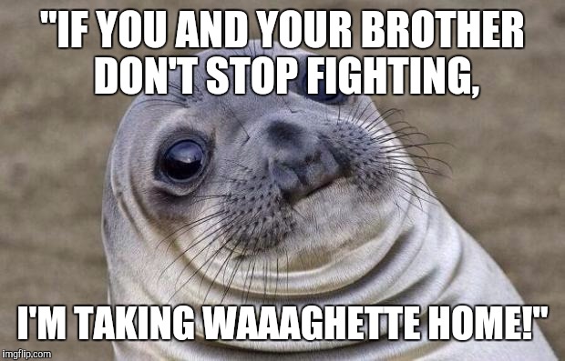 Awkward Moment Sealion | "IF YOU AND YOUR BROTHER DON'T STOP FIGHTING, I'M TAKING WAAAGHETTE HOME!" | image tagged in memes,awkward moment sealion,AdviceAnimals | made w/ Imgflip meme maker
