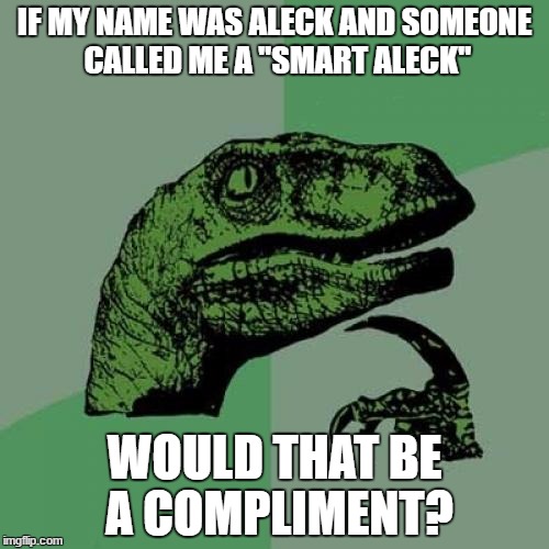 Philosoraptor | IF MY NAME WAS ALECK AND SOMEONE CALLED ME A "SMART ALECK"; WOULD THAT BE A COMPLIMENT? | image tagged in memes,philosoraptor | made w/ Imgflip meme maker